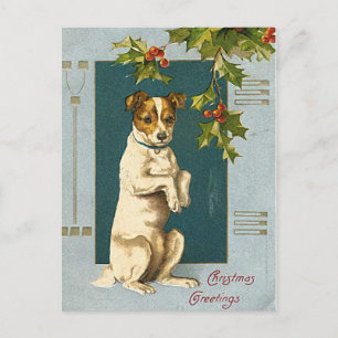 Hund unter einem Stechpalmenzweig - Vintage-Weihna Feiertagspostkarte