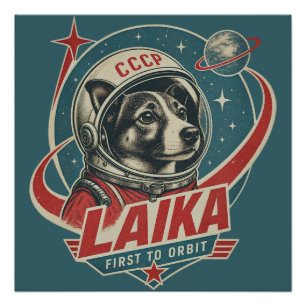 Hund zuerst im Orbit Retro Vintage Astronaut Hund Poster