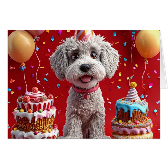 Hund zum Geburtstag mit Kuchen und Ballons (Vorderseite (Horizontal))