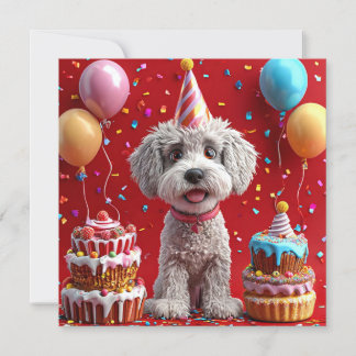 Hund zum Geburtstag mit Kuchen und Ballons Einladung