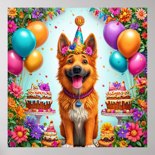 Hund zum Geburtstag mit Kuchen und Ballons Poster (Vorne)