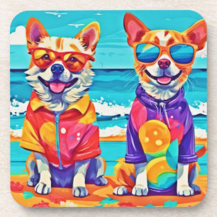 Hunde am sonnigen Strand: farbenfrohe Malerei Getränkeuntersetzer