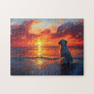 Hunde am Strand beim Sonnenuntergang Puzzle