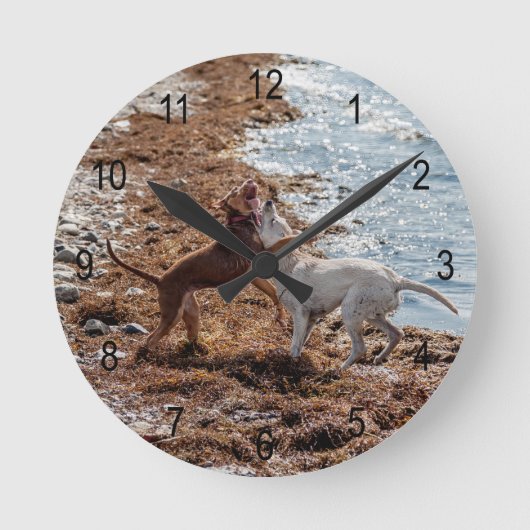 Hunde am Strand Runde Wanduhr (Vorderseite)