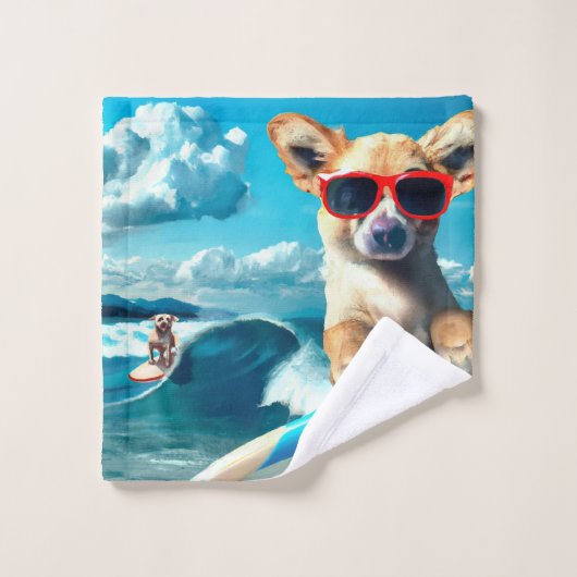 Hunde an Surfbrettern mit Sonnenbrille KI Art Badhandtuch Set (Waschlappen)