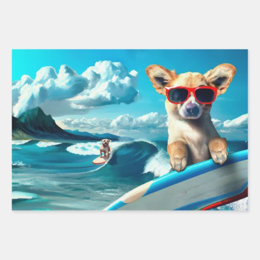 Hunde an Surfbrettern mit Sonnenbrille KI Art Geschenkpapier Set (Vorderseite)