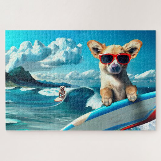 Hunde an Surfbrettern mit Sonnenbrille KI Art Puzzle (Horizontal)