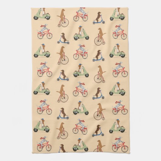 Hunde auf Bikes und Scooters - Creme Geschirrtuch (Vertikal)