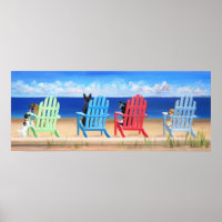 Hunde auf Regenbogen Adirondack-Stühlen am Strand