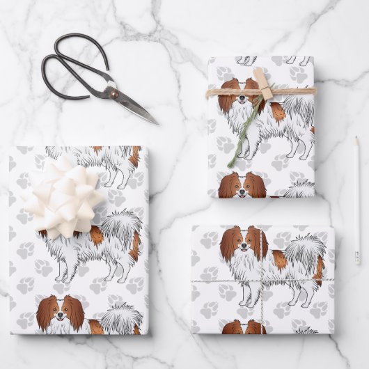 Hunde aus rotem und weißem Phalène mit grauem Must Geschenkpapier Set (Vorderseite)