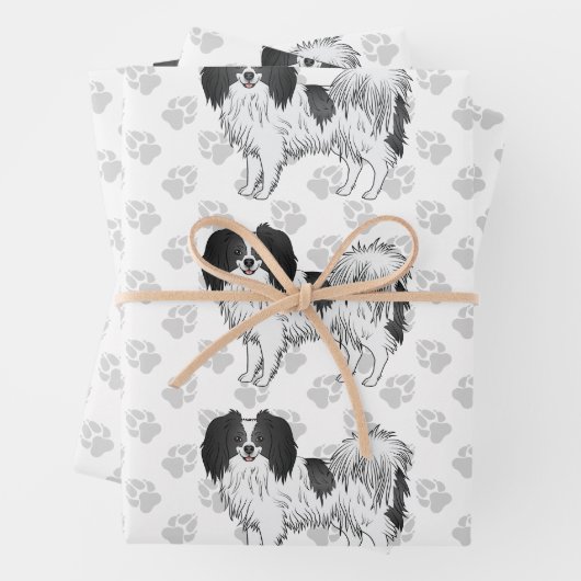 Hunde aus schwarzem und weißem Phalène mit grauem Geschenkpapier Set (Beispiel)
