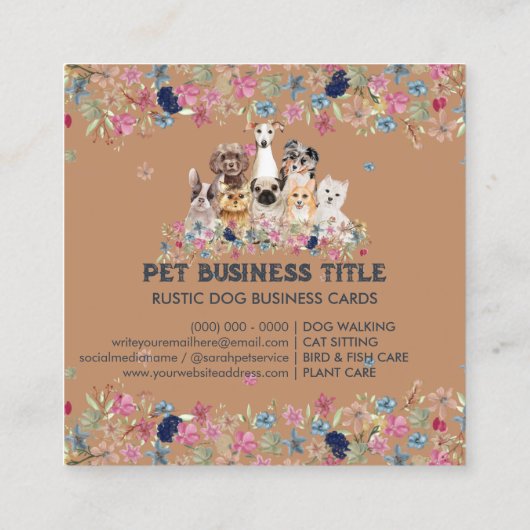 Hunde Blume Rustikale Haustiere Service Floral Quadratische Visitenkarte (Rückseite)
