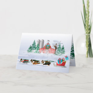 Hunde, braun, schwarz und grau, Pulling Schlitten Feiertagskarte