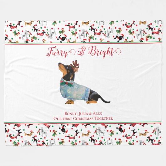 Hunde Dackel Reindeer Hat Weihnachtsfurry Bright Fleecedecke (Vorderseite (Horizontal))