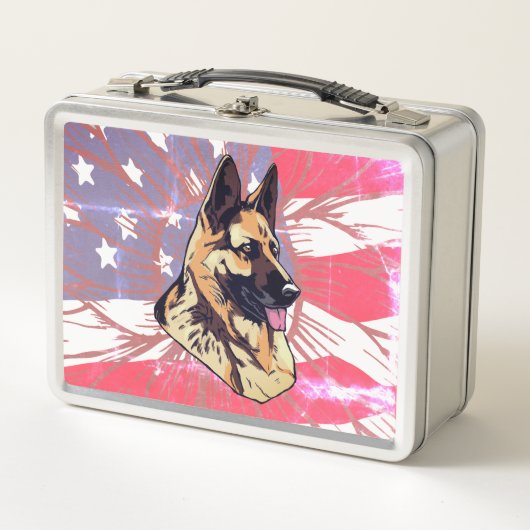 Hunde Deutscher Schäferhund mit US-Flaggendesign Metall Brotdose (Vorderseite)