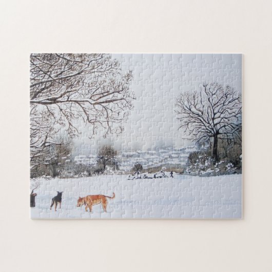 Hunde, die in der Winterlandschaft der Schneeszene Puzzle (Horizontal)