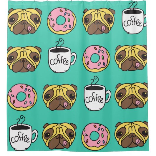 Hunde, Donuts, Kaffeemuster. Duschvorhang (Vorderseite)