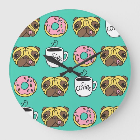 Hunde, Donuts, Kaffeemuster. Große Wanduhr (Vorderseite)