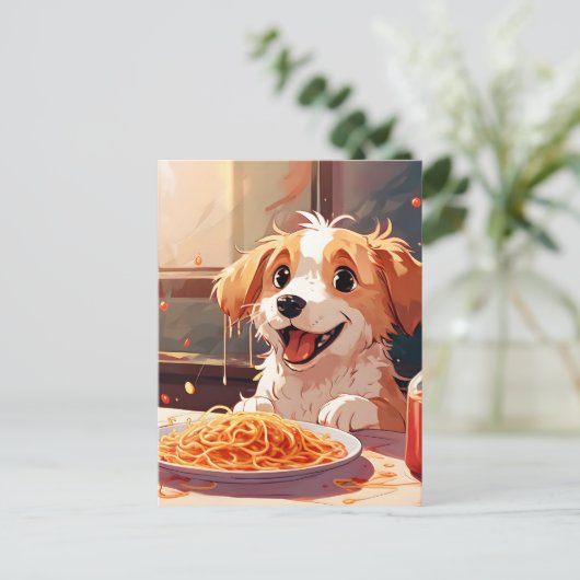 Hunde essen Spaghetti Postkarte (Stehend Vorderseite)