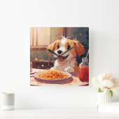 Hunde essen Spaghetti Quadratische Wanduhr (Zuhause)