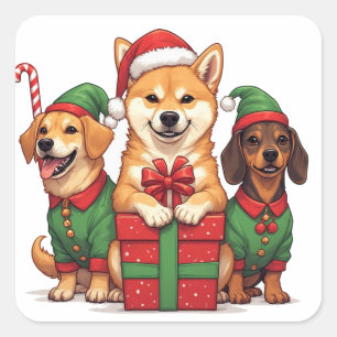 Hunde feiern Weihnachten mit verpackten Geschenken Quadratischer Aufkleber