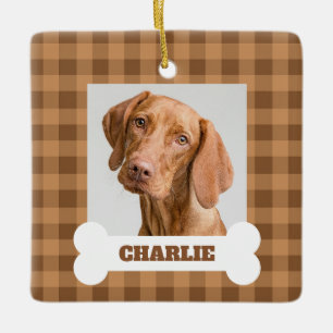 Hunde-Foto Braunes Gingham Karo Haustier Name auf Keramikornament