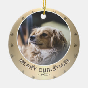 Hunde-Foto Goldene Schneeflocke Metallisches Weihn Keramik Ornament