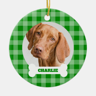 Hunde-Foto grün kariert und benutzerdefinierter Na Keramik Ornament