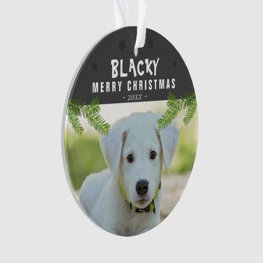 Hunde Foto Kiefernzweig Schneeflocken Frohe Weihna Ornament (Vorderseite)