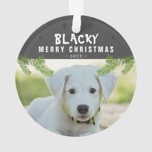 Hunde Foto Kiefernzweig Schneeflocken Frohe Weihna Ornament (Rückseite)