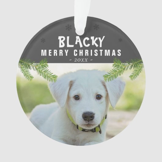 Hunde Foto Kiefernzweig Schneeflocken Frohe Weihna Ornament (Vorderseite)