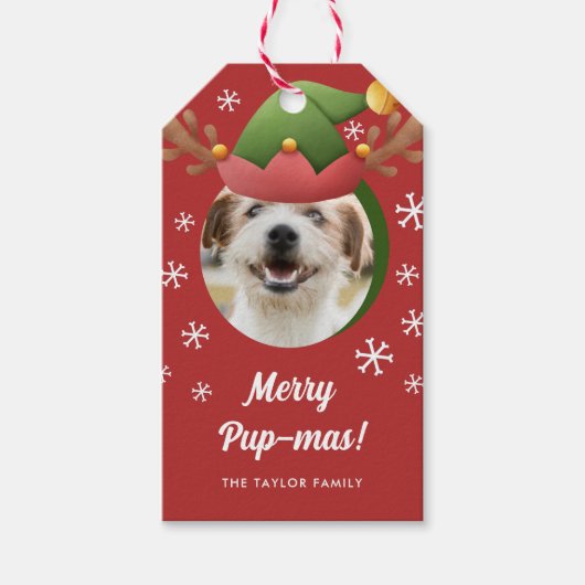 Hunde Foto mit Elf Reindeer Antler Hat Weihnachten Geschenkanhänger (Vorderseite)