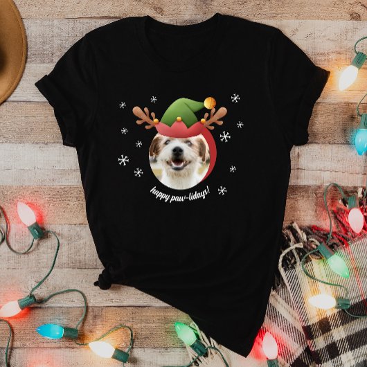 Hunde Foto mit Elf Reindeer Antler Hat Weihnachten T-Shirt