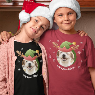 Hunde Foto mit Elf Reindeer Antler Hat Weihnachten T-Shirt