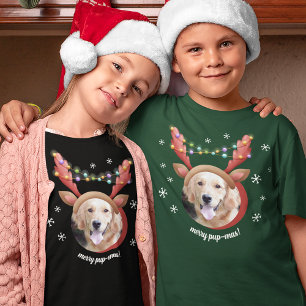 Hunde Foto mit Rentier Antler Hat frohe Weihnachte T-Shirt