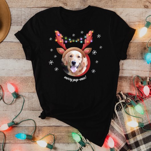 Hunde Foto mit Rentier Antler Hat frohe Weihnachte T-Shirt