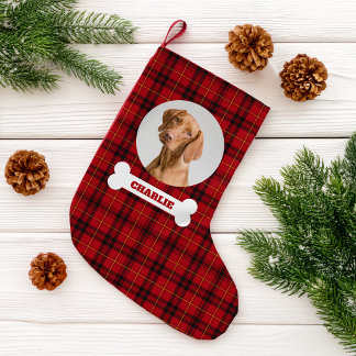 Hunde-Foto mit rotem Tartan-Karo und individuellem Kleiner Weihnachtsstrumpf