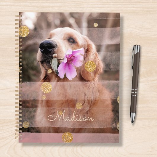 Hunde Foto Rosa Ribbon Chic Goldener Glitzer Name Planer