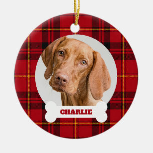 Hunde-Foto rotes Tartan Karo mit individuellem Nam Keramik Ornament