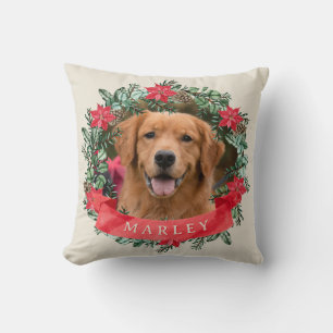 Hunde-Foto und Name Poinsettia-Kranz Feiertags-Kar Kissen