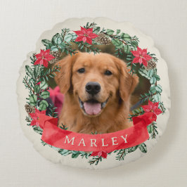 Hunde-Foto und Name Poinsettia-Kranz Feiertags-Kar Rundes Kissen