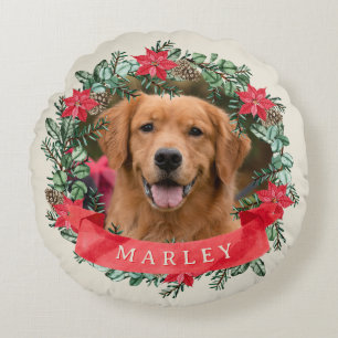 Hunde-Foto und Name Poinsettia-Kranz Feiertags-Kar Rundes Kissen