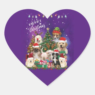 Hunde frohe Weihnachtslicht Herz-Aufkleber