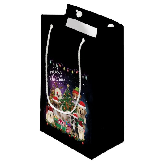 Hunde frohe Weihnachtslicht Kleine Geschenktüte (Vorderseite Schrägansicht)