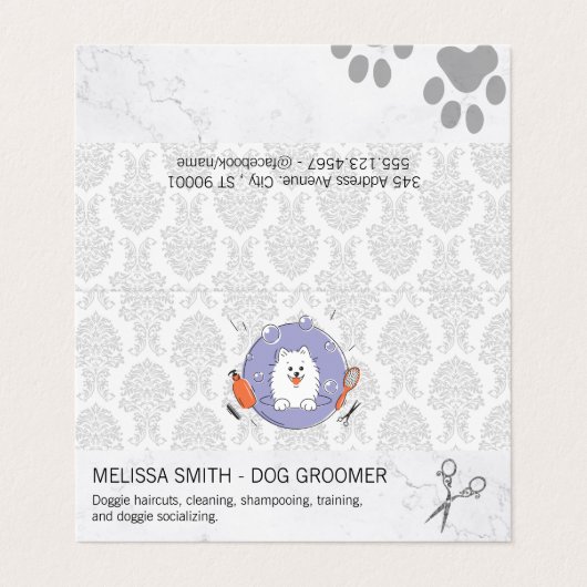 Hunde-Groomer-Logo | Damask Muster Visitenkarten (Außenseite Aufgefaltet)