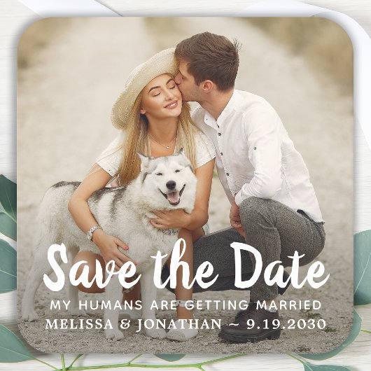 Hunde Hochzeit Custom Pet Couple Foto Save the Dat Rechteckiger Pappuntersetzer