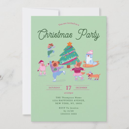 Hunde Ice Skaten Pistachio Grün Weihnachten Party Einladung (Vorderseite)