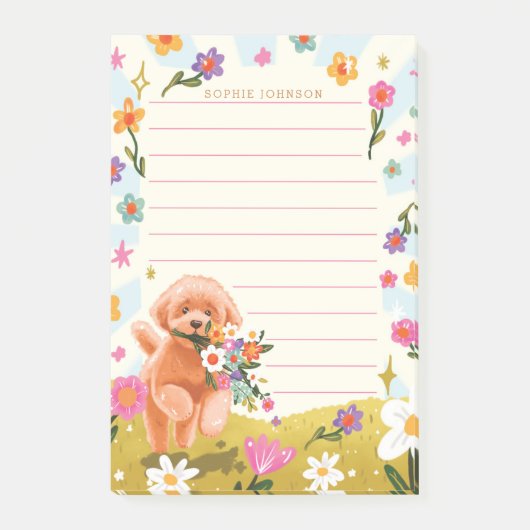 Hunde-Illustration Süße Frühlingsblumen Floral Wei Post-it Klebezettel (Vorderseite)