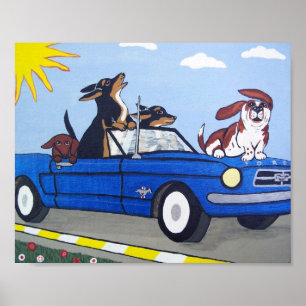 Hunde im blauen Mustang Sommer Cruising Poster