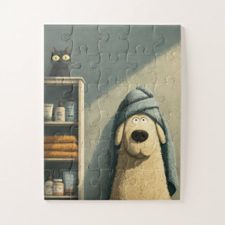 Hunde im Handtuch mit Cat Jigsaw Puzzle
